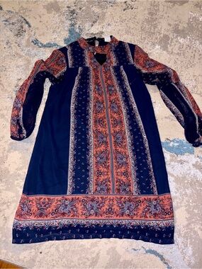 Wrangler Navy and Rust Paisley-Print Long Sleeve Dress Small